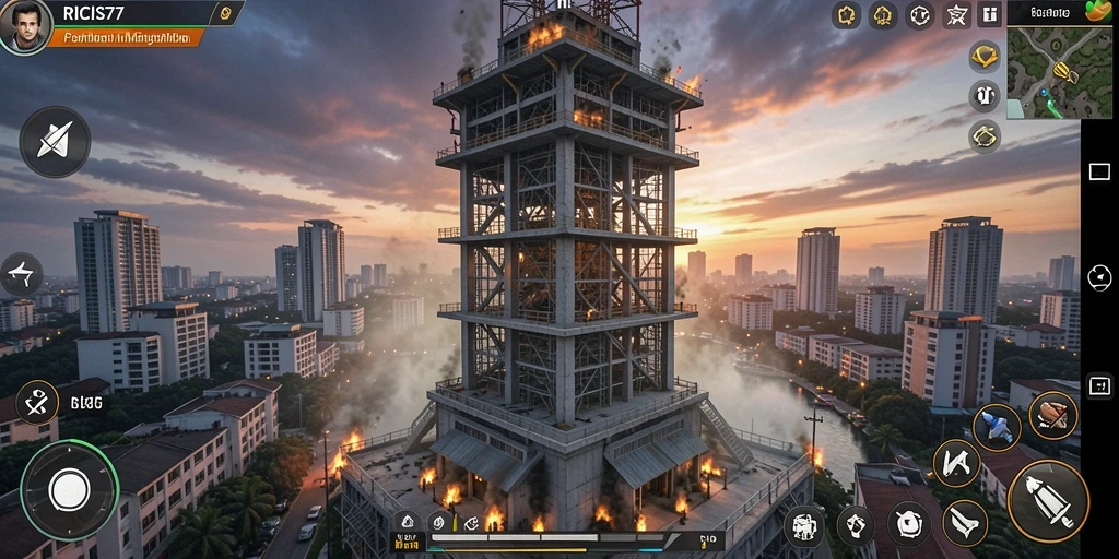 Screenshot gameplay RICIS77 menunjukkan menara yang melawan gelombang musuh.