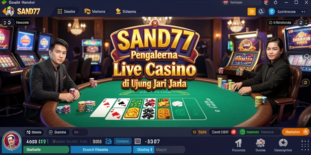 Screenshot menunjukkan dealer langsung dan meja permainan di SAND77.